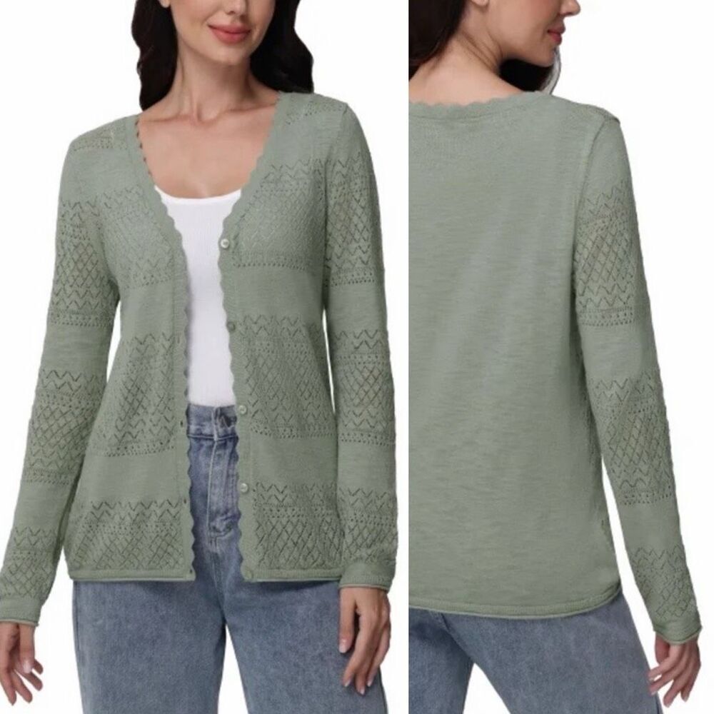 Frye 100% Cotton Pointelle Knit Cardigan Sweater Small Button Front Scallop Trim